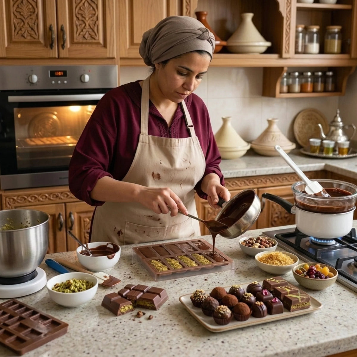 home-made chocolates and ganache made by home-baking women in Morocco with Artisana