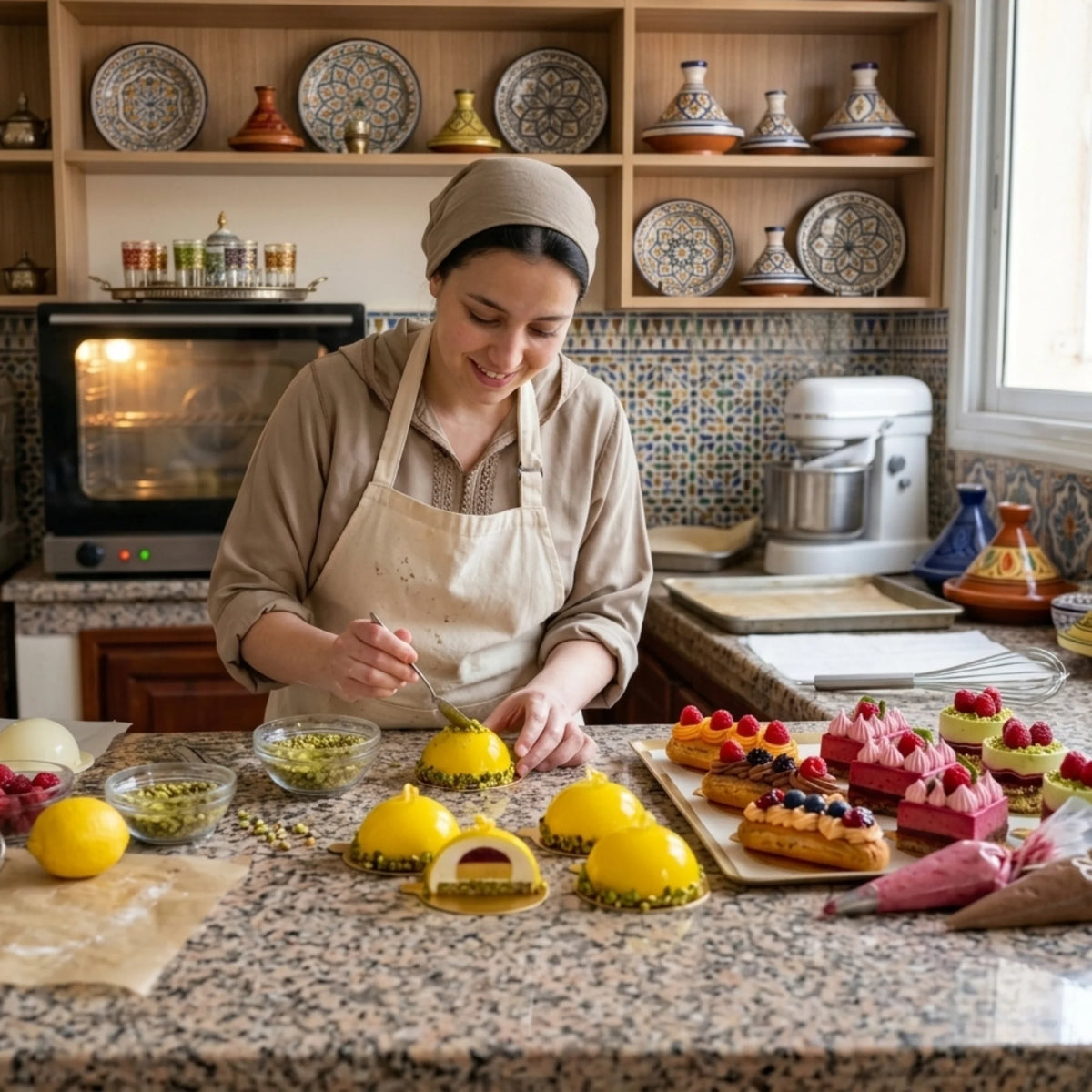 home-made modern revolutionized trending French pastries made by home-baking women in Morocco with Artisana