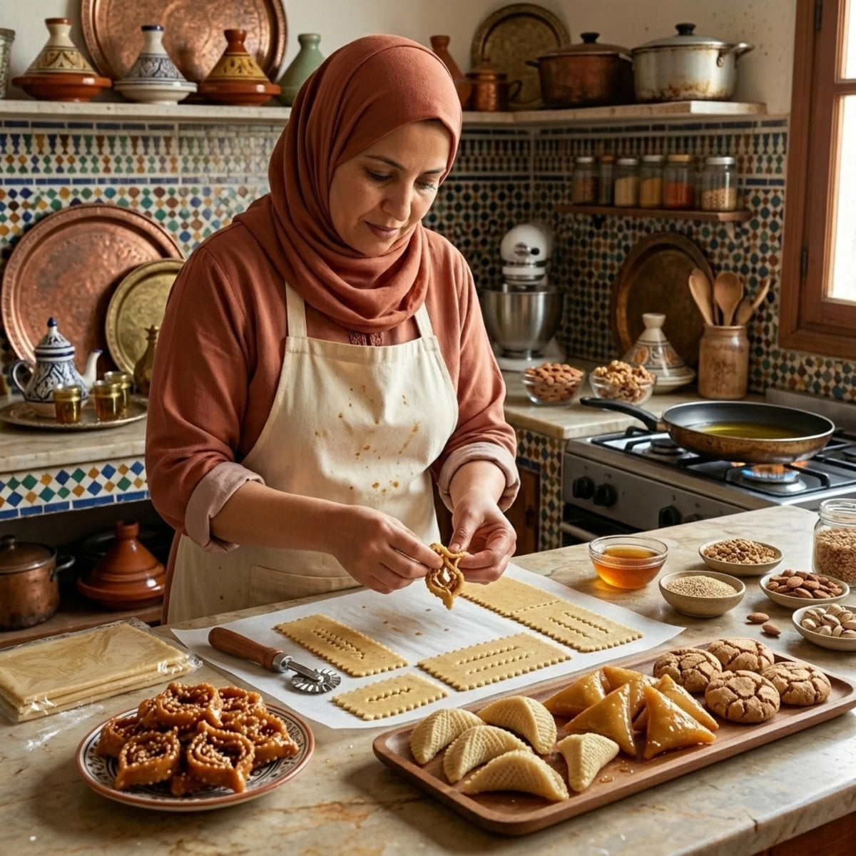 Traditional Moroccan sweets such as chebakia, briouat, ghazel hones, ghriba and many more made by home-baking women in Morocco with artisana hub